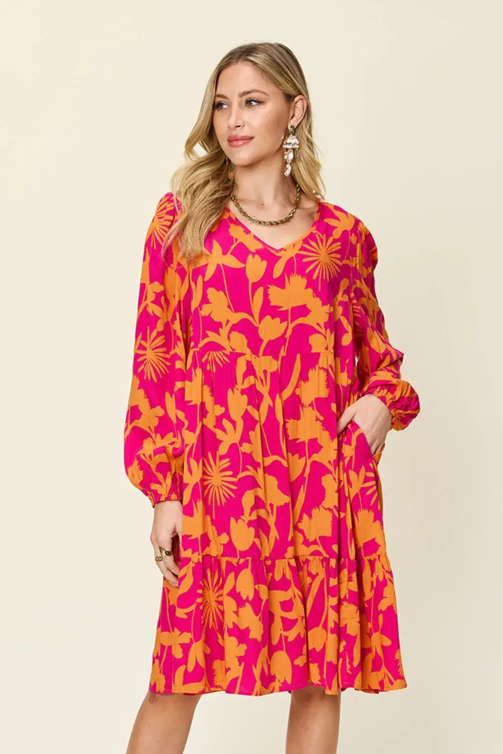Double Take Full Size Printed Ruffle Hem Dress with Pocket - Trendsi - Flyclothing LLC