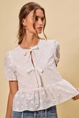 SO ME Cotton Eyelet Front Tie Short Sleeves Blouse - Trendsi - Flyclothing LLC