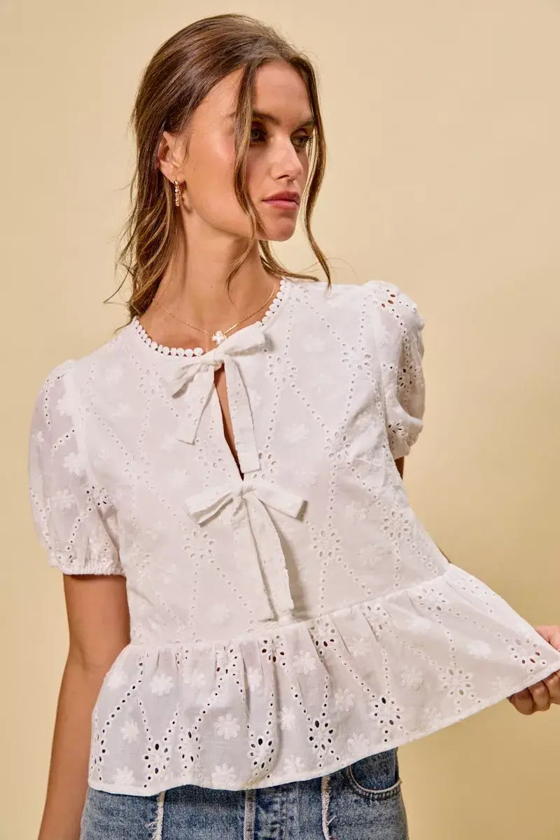 SO ME Cotton Eyelet Front Tie Short Sleeves Blouse - Trendsi - Flyclothing LLC