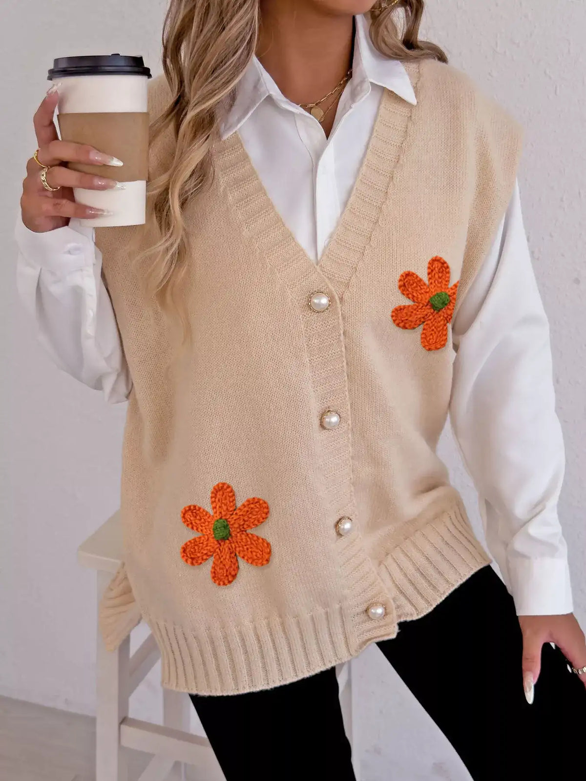 Flower V-Neck Sleeveless Cardigan - Trendsi - Flyclothing LLC