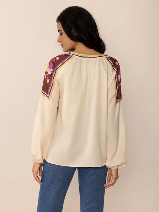 Printed Notched Long Sleeve Blouse - Trendsi