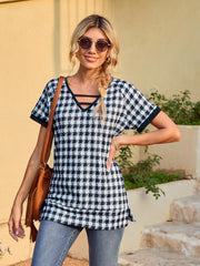 Houndstooth V-Neck Short Sleeve T-Shirt - Trendsi