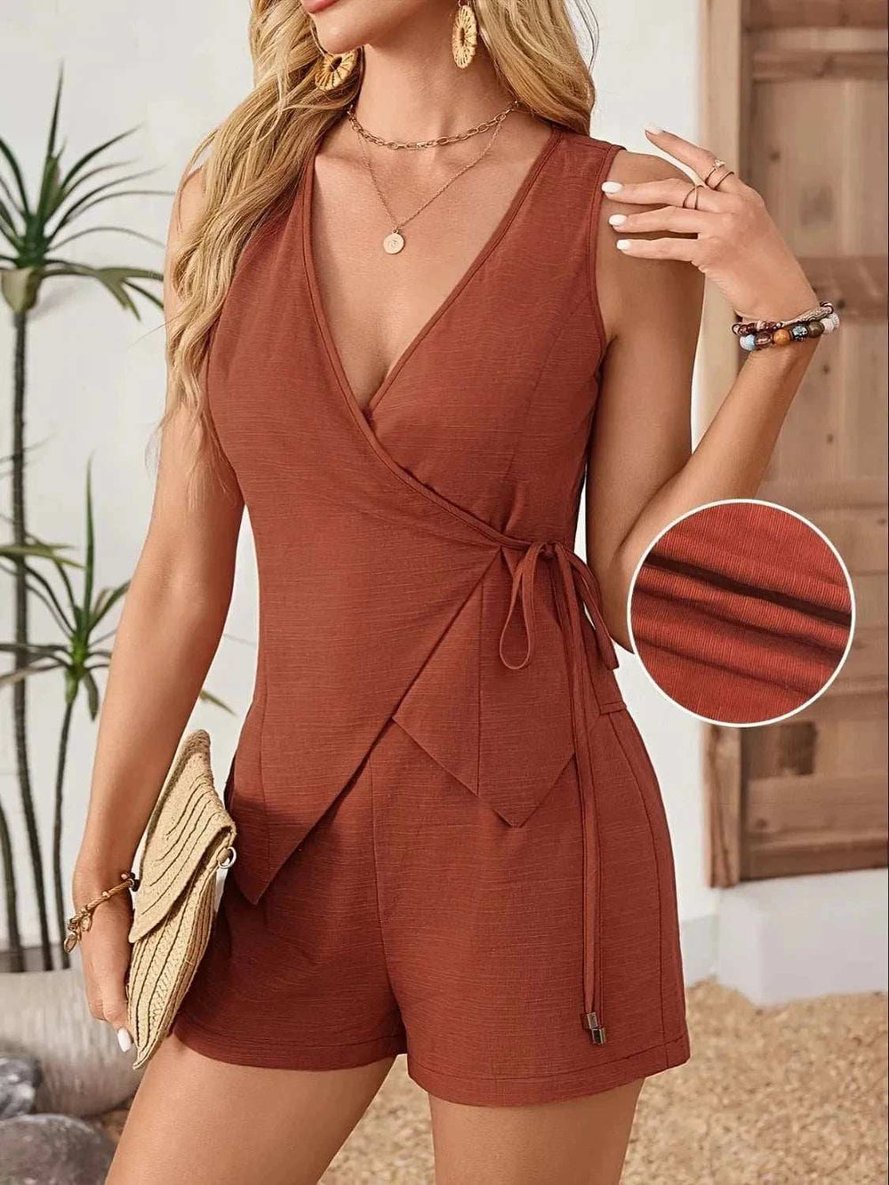 Wrap Tie Front Sleeveless Top and Shorts Set - Trendsi - Flyclothing LLC