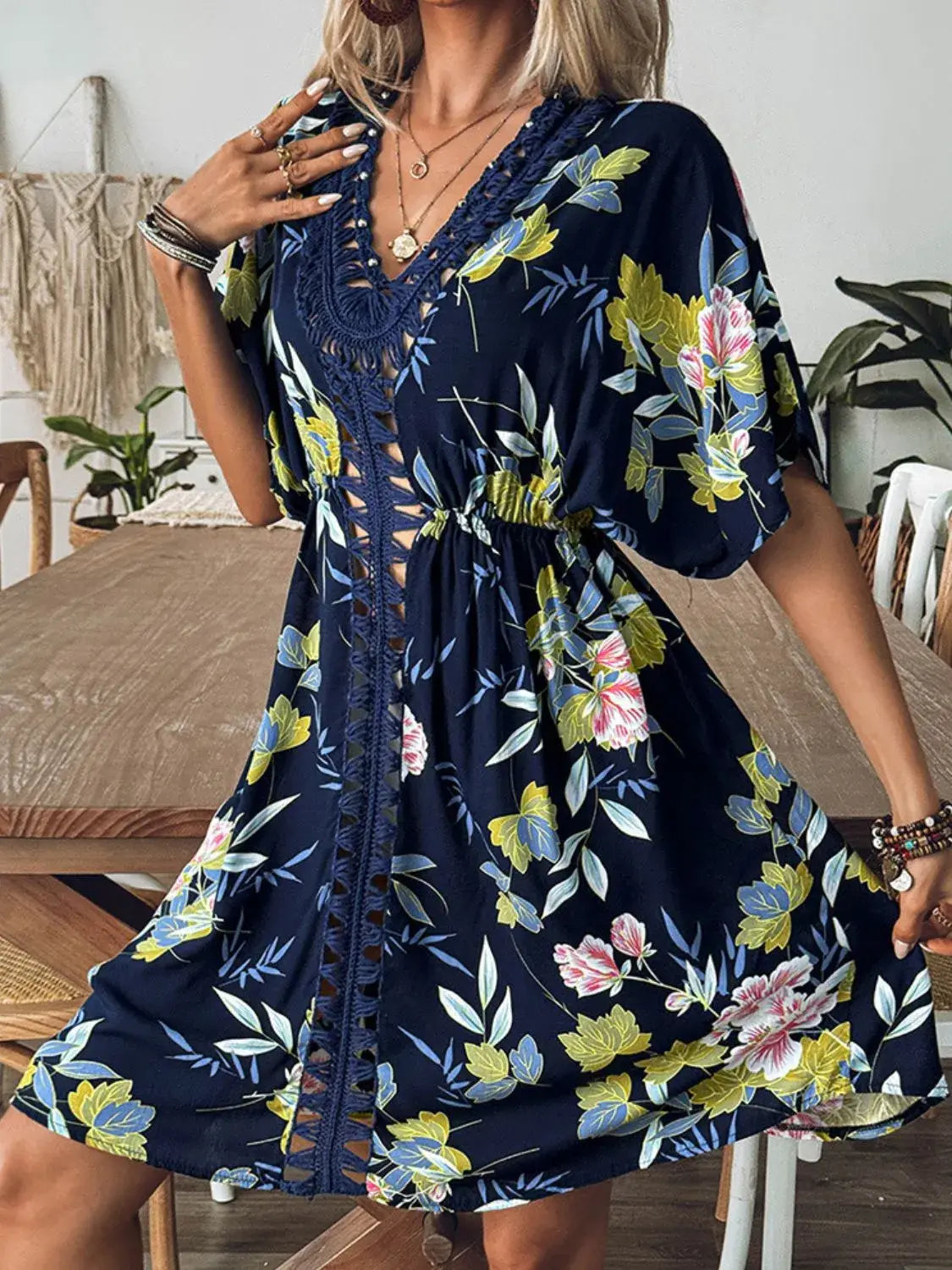 Crochet Front V-Neck Printed Cover-Up - Trendsi - Flyclothing LLC