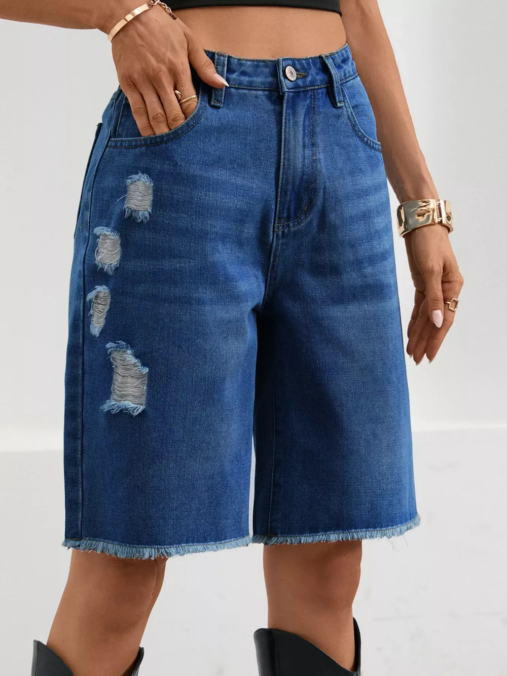 Ripped Frayed Hem Denim Shorts - Trendsi - Flyclothing LLC