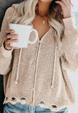 Distressed Zip Up Drawstring Hooded Cardigan - Trendsi