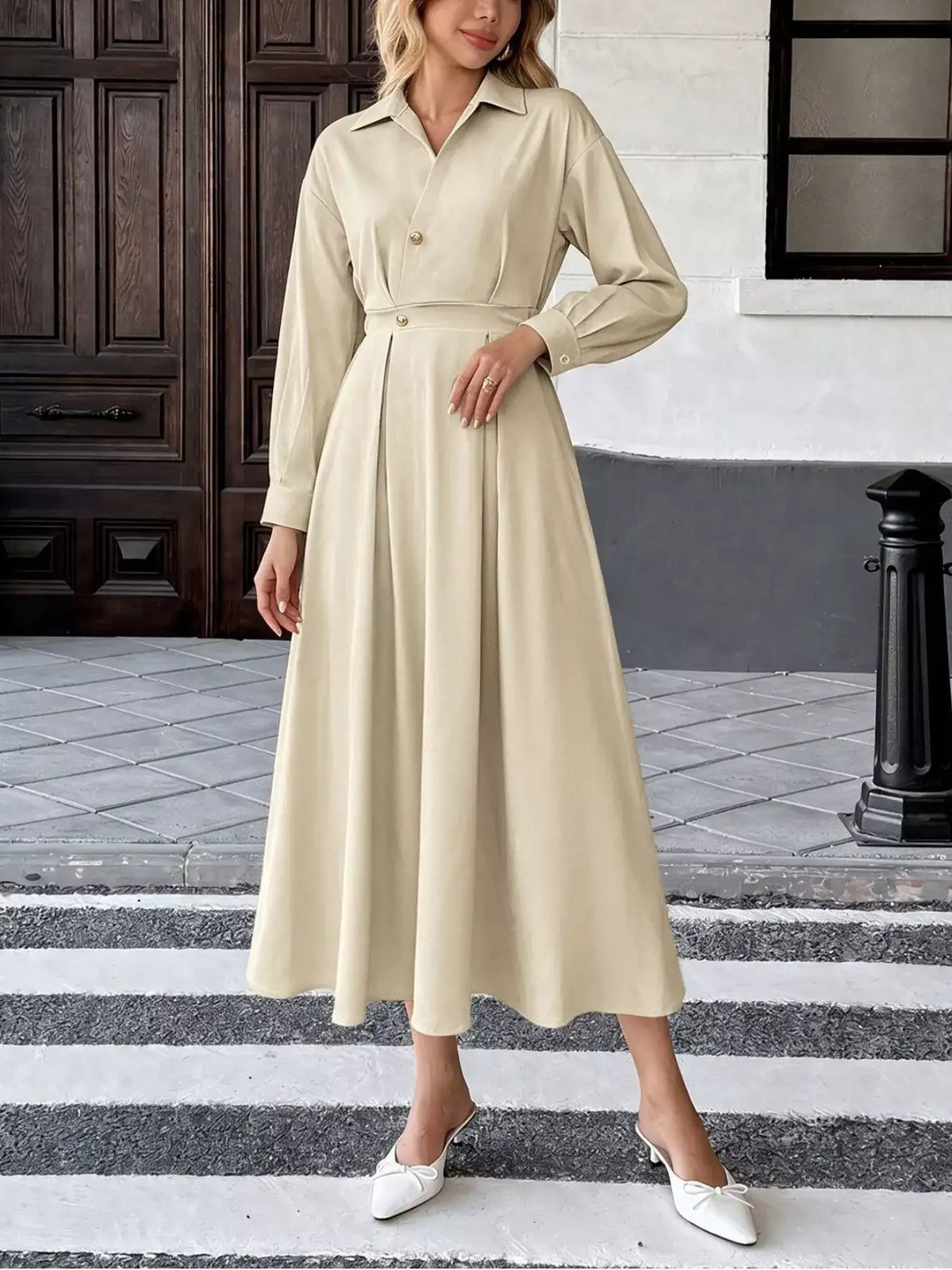 Pleated Button Detail Long Sleeve Shirt Dress - Trendsi - Flyclothing LLC
