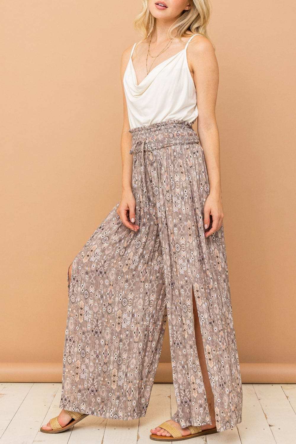 And The Why Printed Smocked Waist Slit Wide Leg Pants - Trendsi - Flyclothing LLC