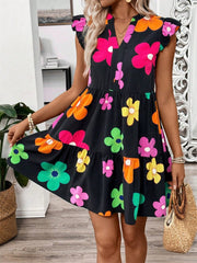 Ruffled Printed Notched Cap Sleeve Dress - Trendsi