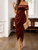 Velvet Off-Shoulder Ruched Midi Dress - Trendsi - Flyclothing LLC