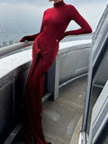 Ruched Turtleneck Long Sleeve Tie Front Maxi Dress - Trendsi - Flyclothing LLC