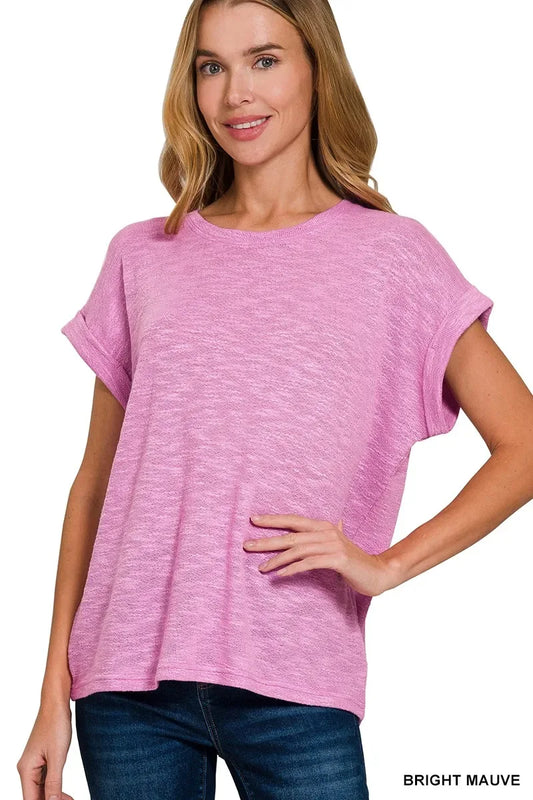 Zenana Hacci Slub Rolled Up Sleeve Tee - Trendsi - Flyclothing LLC