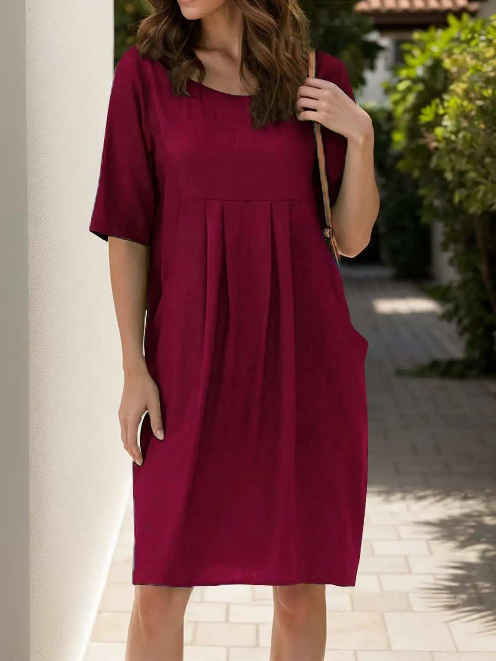Full Size Round Neck Half Sleeve Dress with Pockets - Trendsi - Flyclothing LLC