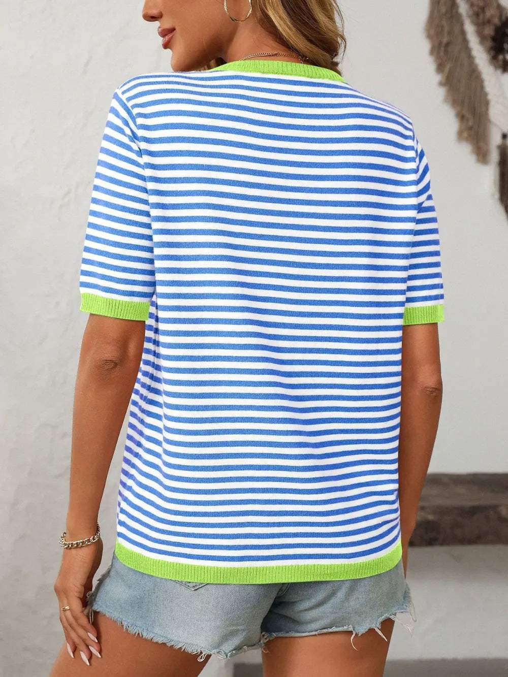 Mandy Striped Round Neck Half Sleeve Knit Top - Trendsi - Flyclothing LLC