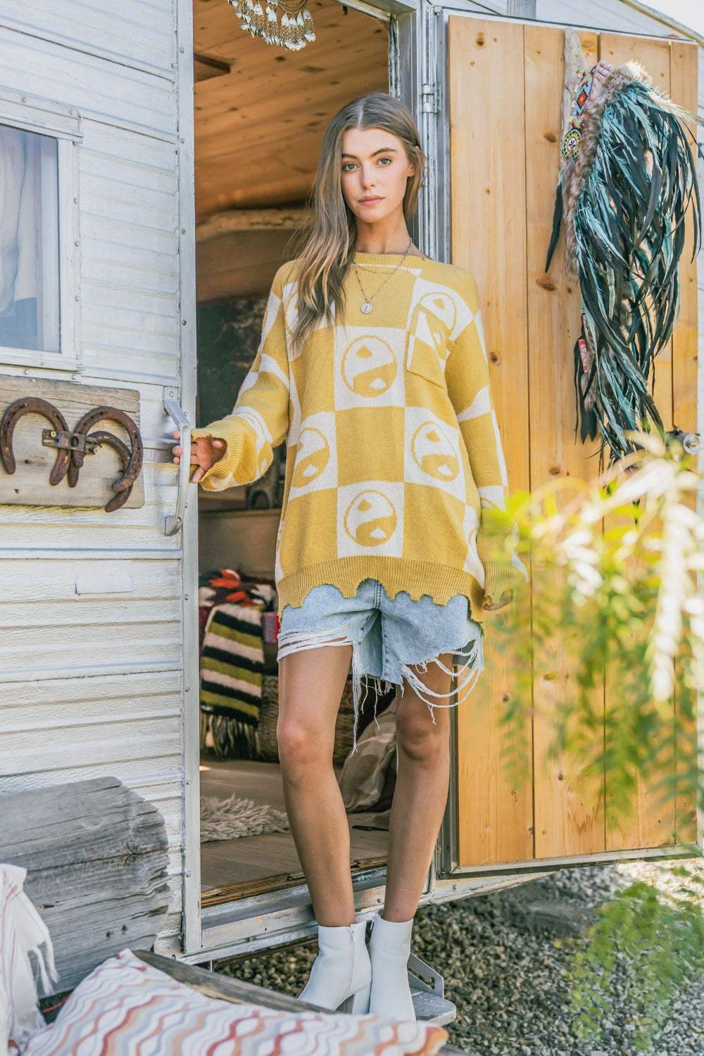 And The Why Checkerboard Sweater with Yin Yang Pattern - Trendsi - Flyclothing LLC