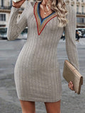 Contrast Detail V-Neck Long Sleeve Dress - Trendsi