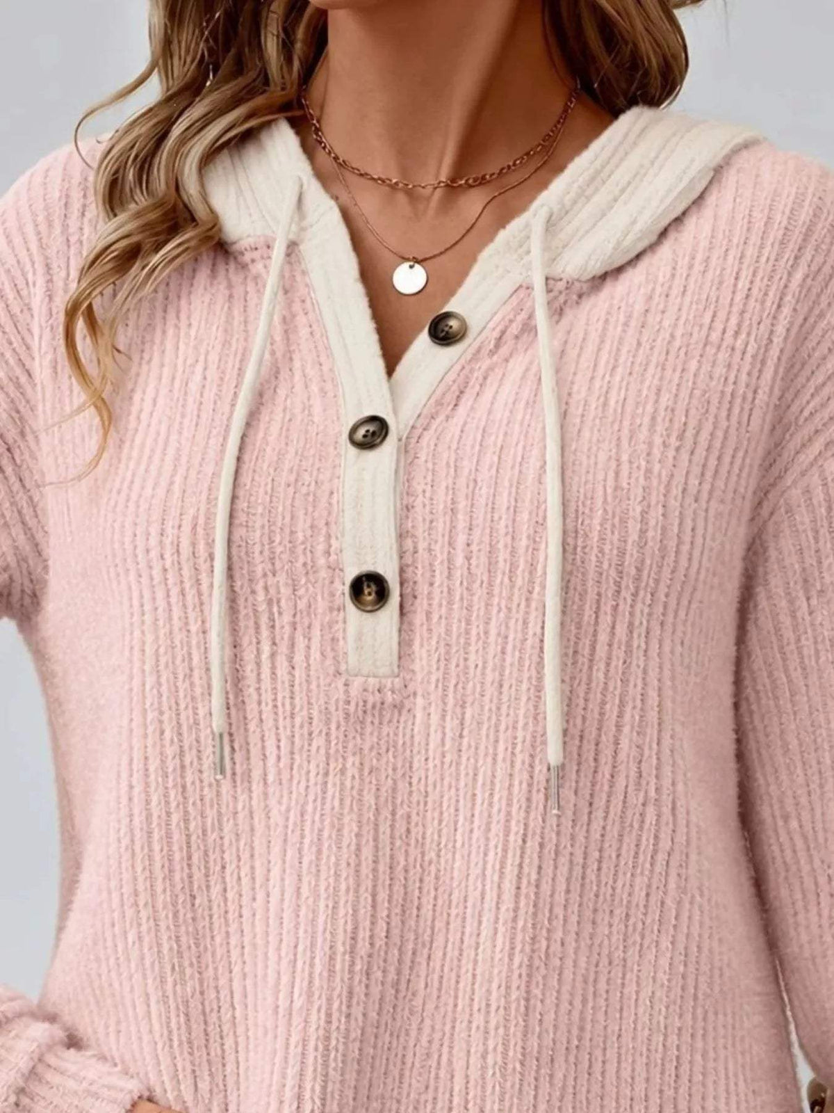 Full Size Drawstring Button Detail Hooded Sweater Plus Size - Trendsi - Flyclothing LLC