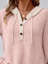 Full Size Drawstring Button Detail Hooded Sweater Plus Size - Trendsi - Flyclothing LLC