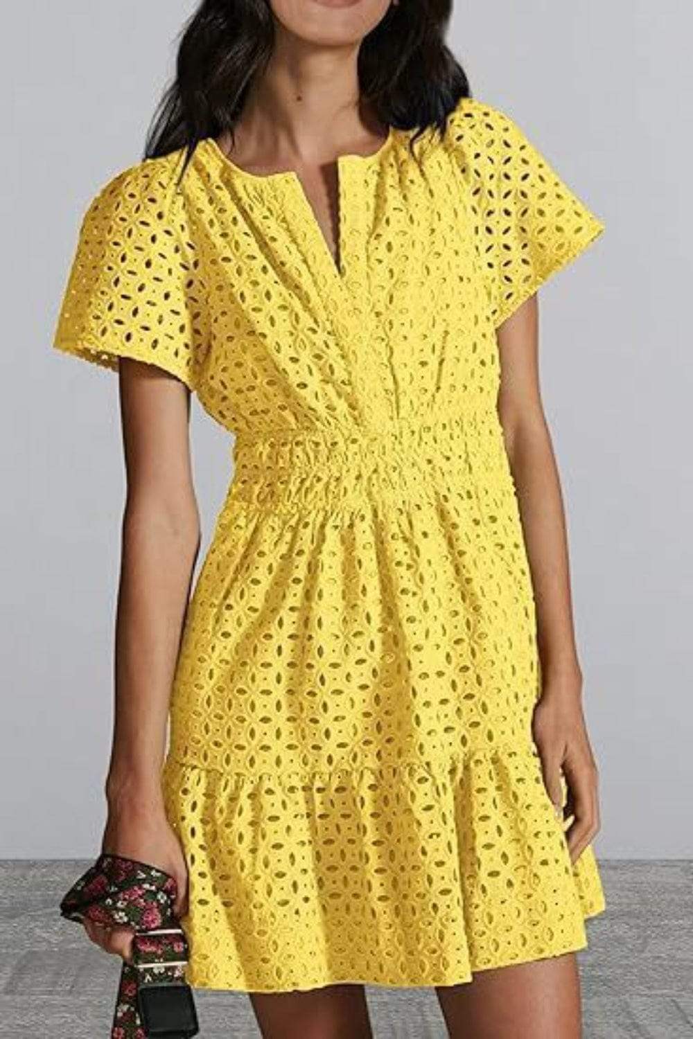 Eyelet Notched Short Sleeve Mini Dress - Trendsi - Flyclothing LLC