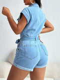 Tie Waist Cap Sleeve Denim Romper - Trendsi - Flyclothing LLC