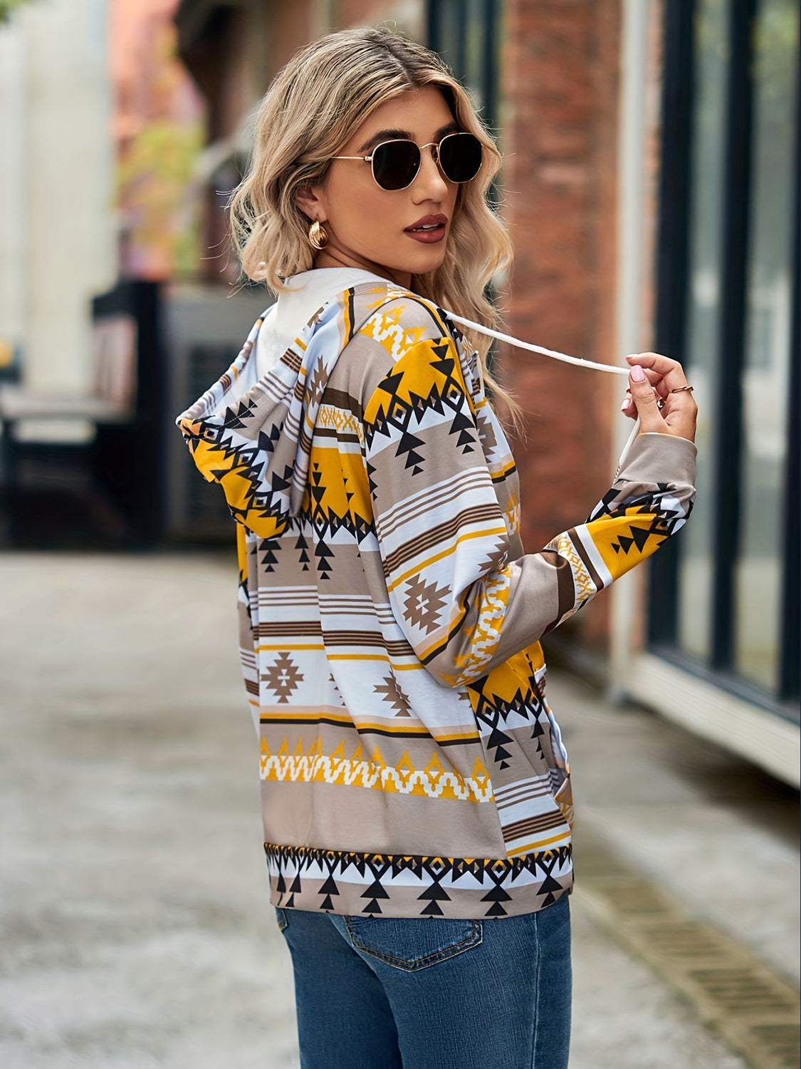 Geometric Zip Up Long Sleeve Hooded Jacket - Trendsi - Flyclothing LLC