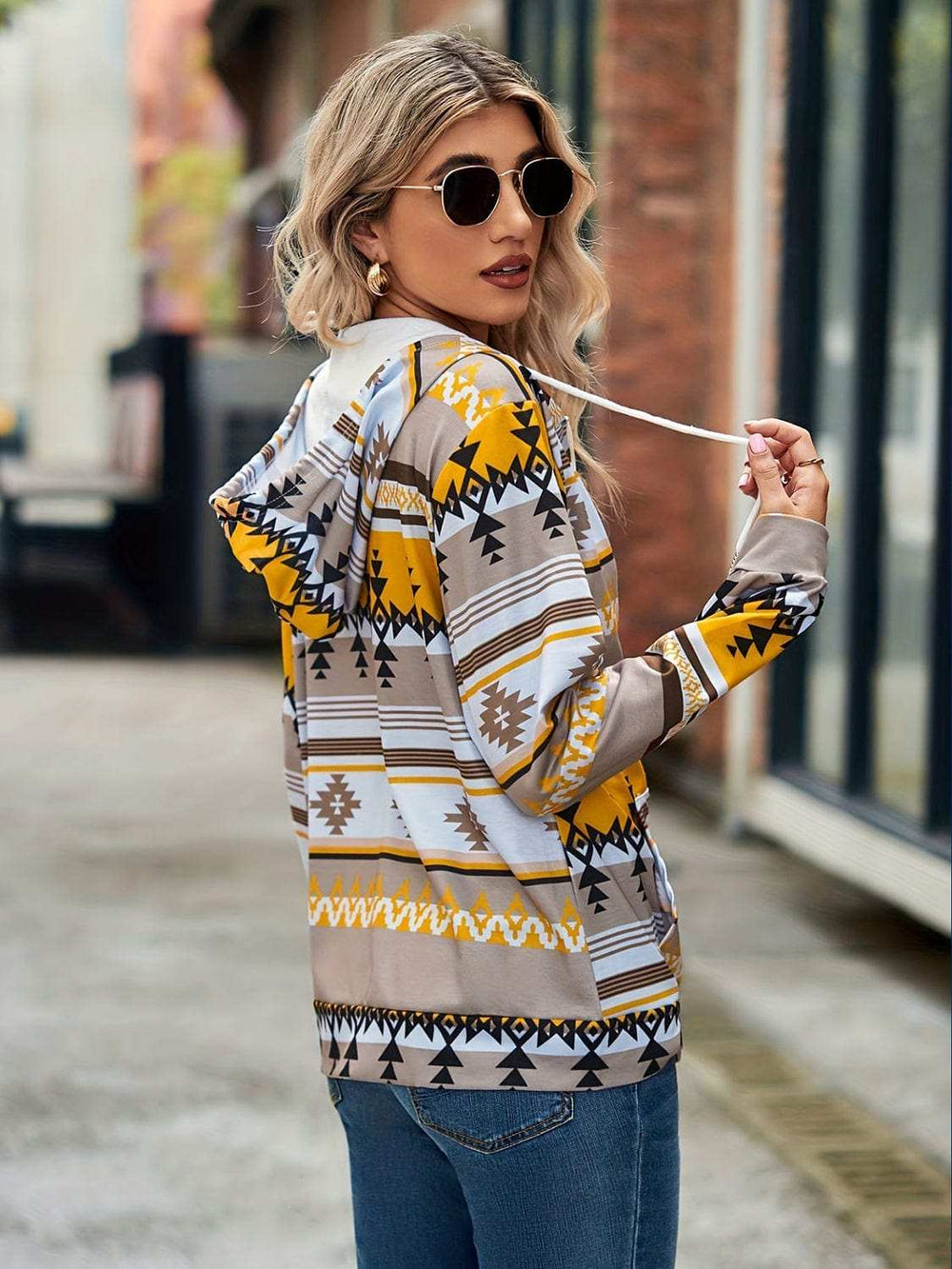 Geometric Zip Up Long Sleeve Hooded Jacket - Trendsi - Flyclothing LLC