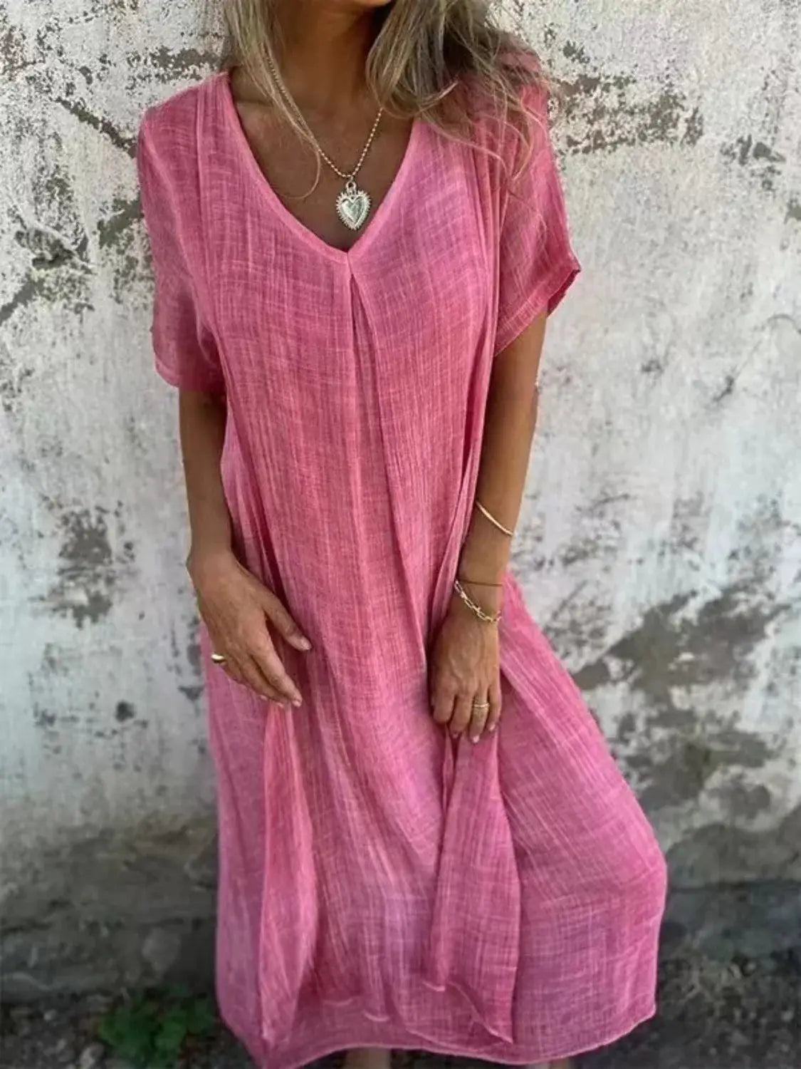 Full Size V-Neck Short Sleeve Midi Dress Plus Size - Trendsi - Flyclothing LLC