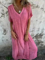 Full Size V-Neck Short Sleeve Midi Dress Plus Size - Trendsi - Flyclothing LLC