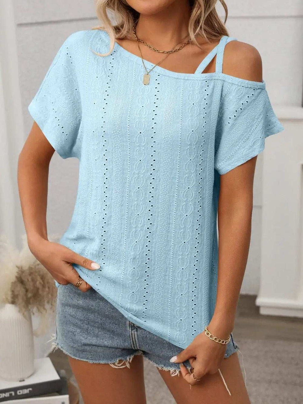 Eyelet Asymmetrical Shoulder Short Sleeve T-Shirt - Trendsi - Flyclothing LLC