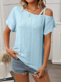 Eyelet Asymmetrical Shoulder Short Sleeve T-Shirt - Trendsi - Flyclothing LLC