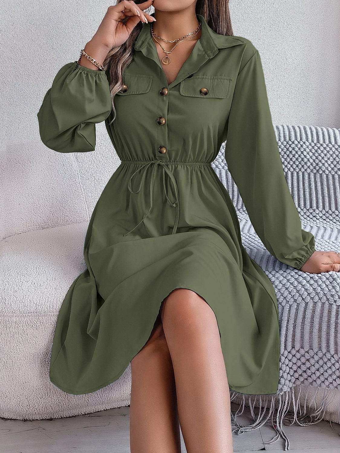 Collared Neck Long Sleeve Dress with Pockets - Trendsi