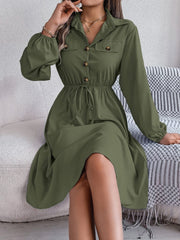 Collared Neck Long Sleeve Dress with Pockets - Trendsi