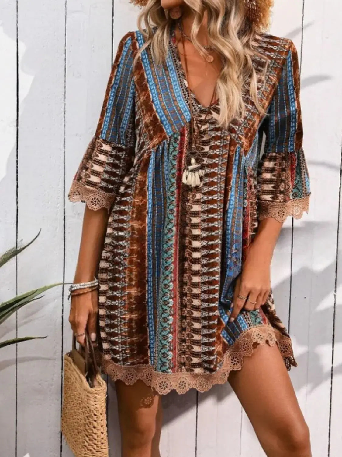 Lace Trim Printed V-Neck 3/4 Sleeve Dress - Trendsi - Flyclothing LLC