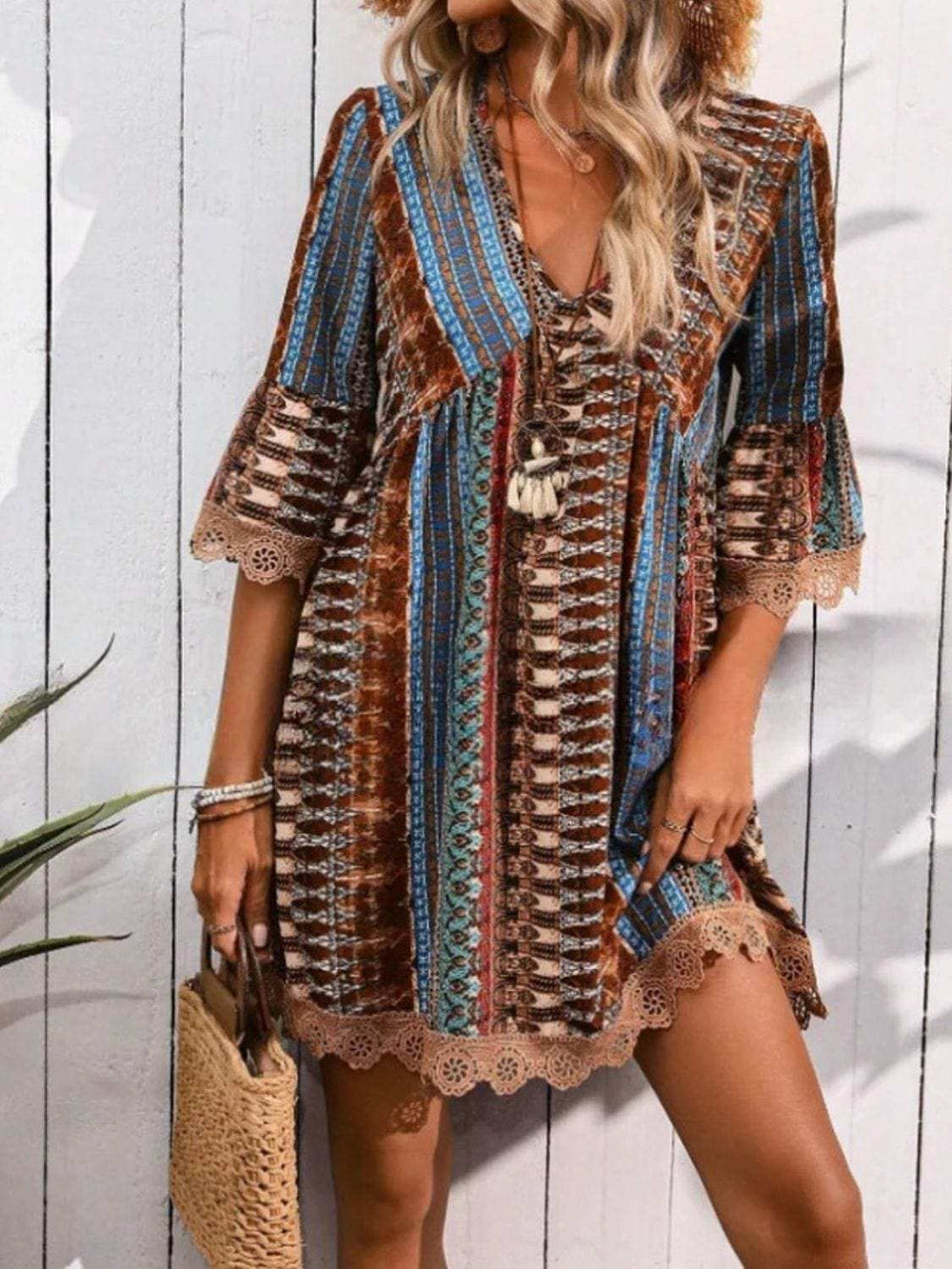 Lace Trim Printed V-Neck 3/4 Sleeve Dress - Trendsi - Flyclothing LLC