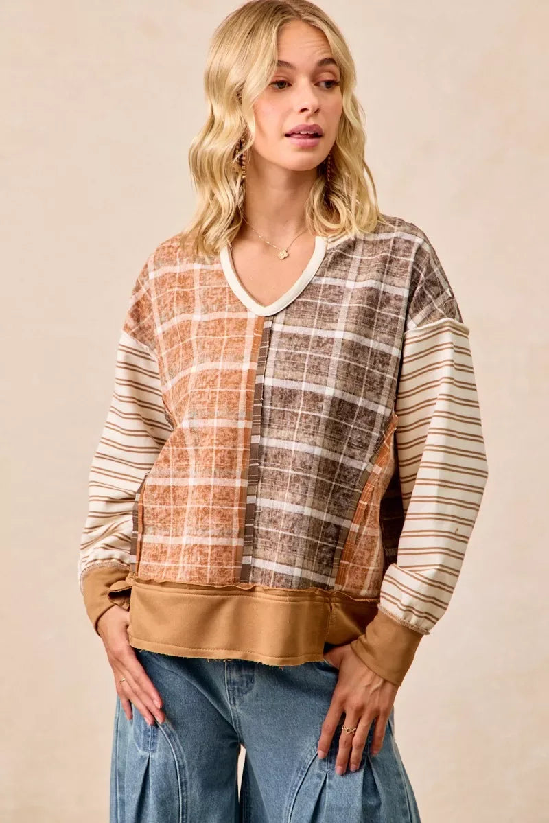 BiBi Plaid And Stripe Mix And Match Top With Open Seam - Trendsi - Flyclothing LLC
