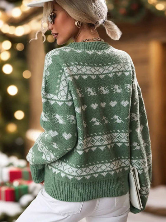 Perfee Geometric Round Neck Dropped Shoulder Sweater - Trendsi - Flyclothing LLC