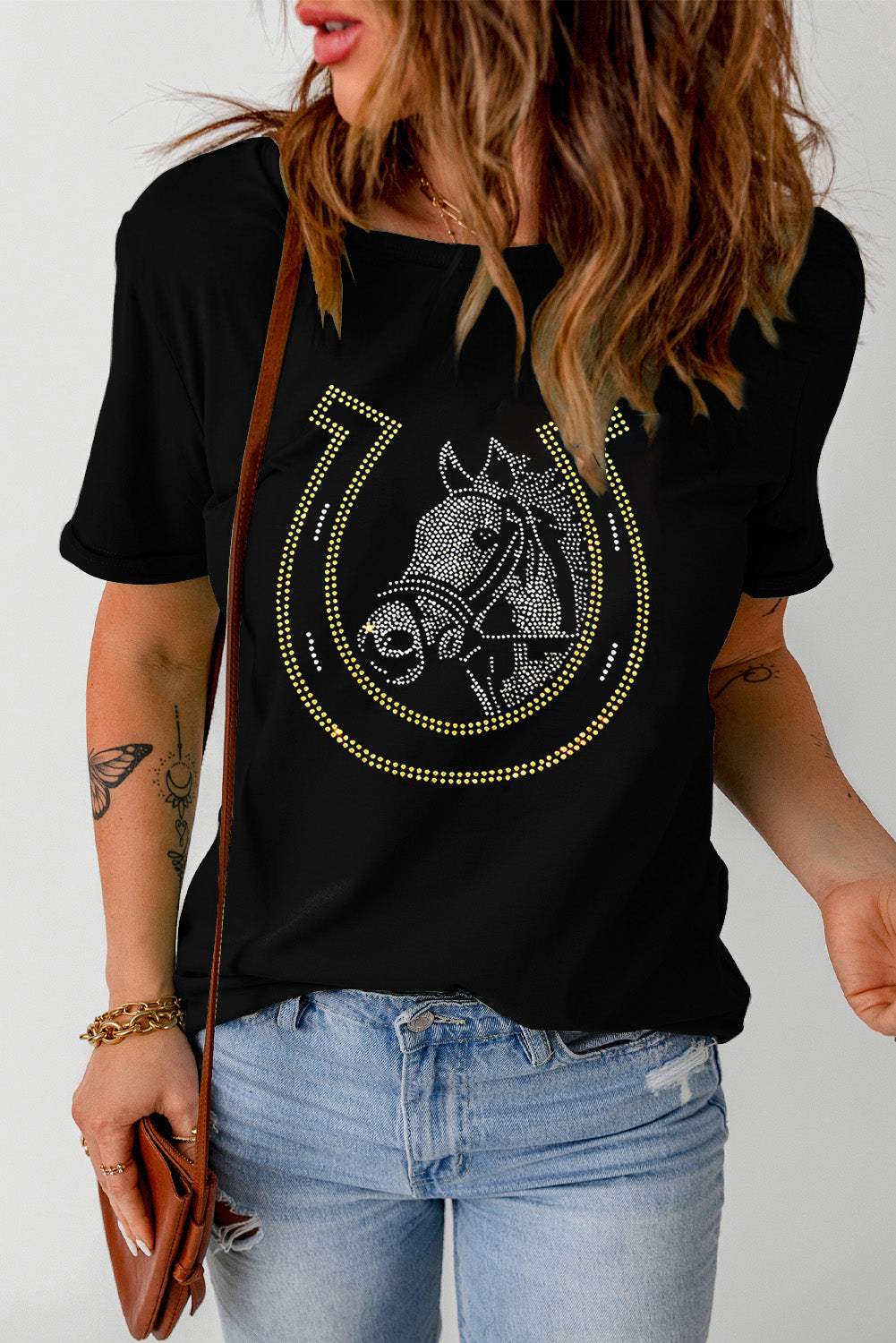 Rhinestone Round Neck Short Sleeve T-Shirt - Trendsi - Flyclothing LLC