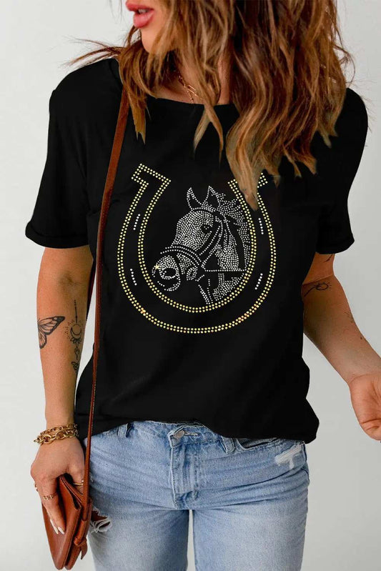 Rhinestone Round Neck Short Sleeve T-Shirt - Trendsi - Flyclothing LLC