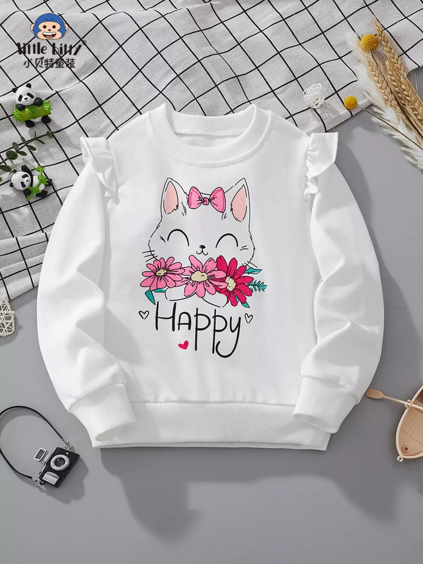 Children's Cat Graphic Ruffle Sleeve Sweatshirt - Trendsi - Flyclothing LLC