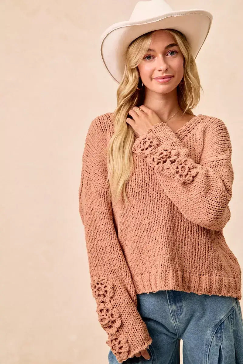 BiBi Chunky Knit Sweater with Flower Detail Sleeves - Trendsi - Flyclothing LLC