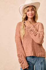 BiBi Chunky Knit Sweater with Flower Detail Sleeves - Trendsi - Flyclothing LLC