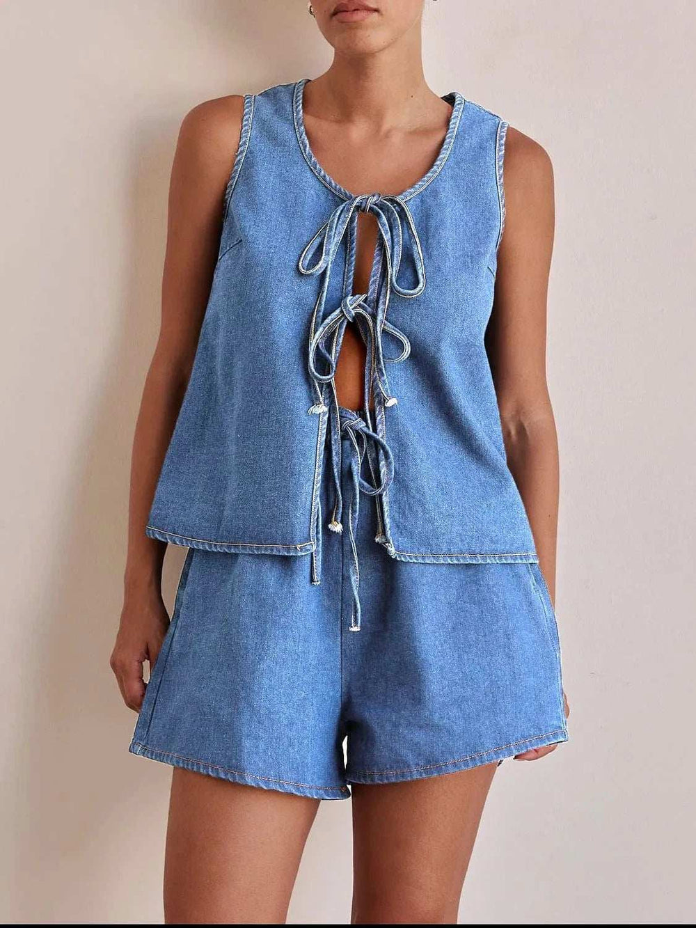 Tie Front Vest and Shorts Denim Set - Trendsi - Flyclothing LLC