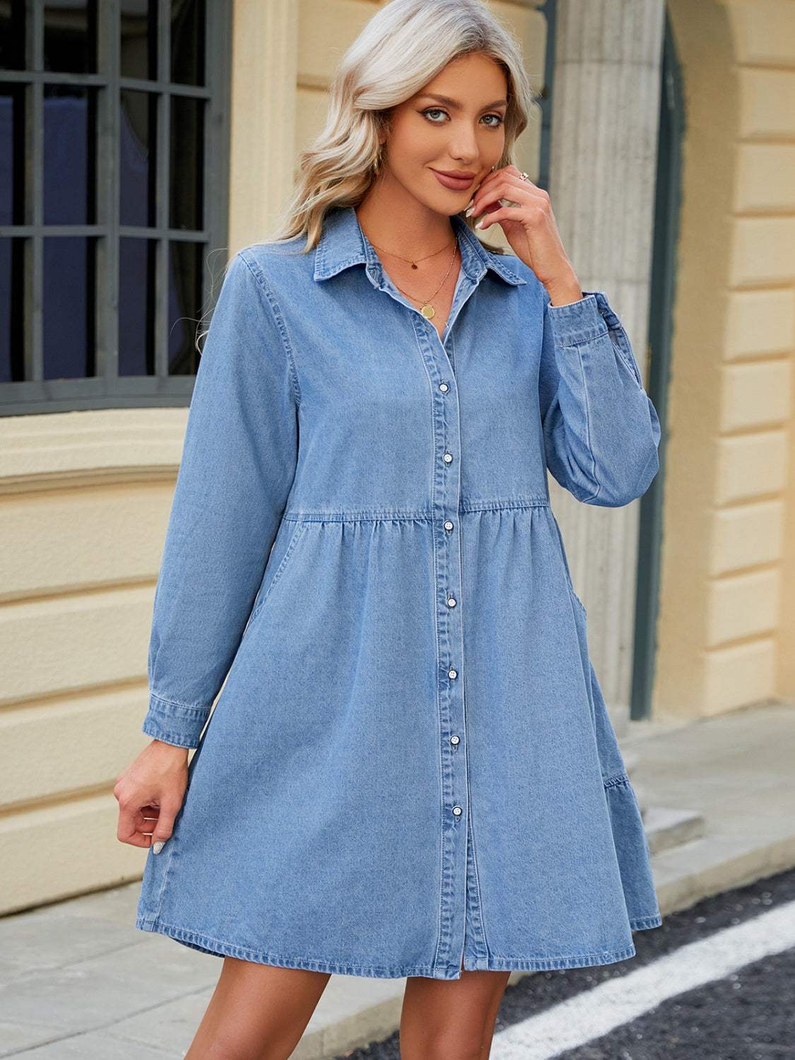 Tiered Button Up Long Sleeve Denim Dress - Trendsi - Flyclothing LLC