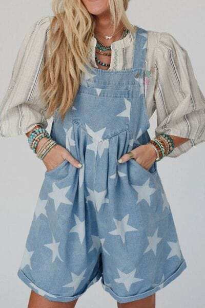 Star Print Square Neck Denim Overalls - Trendsi - Flyclothing LLC