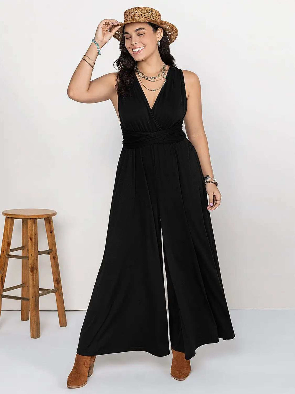 Plus Size V-Neck Wide Leg Jumpsuit - Trendsi - Flyclothing LLC