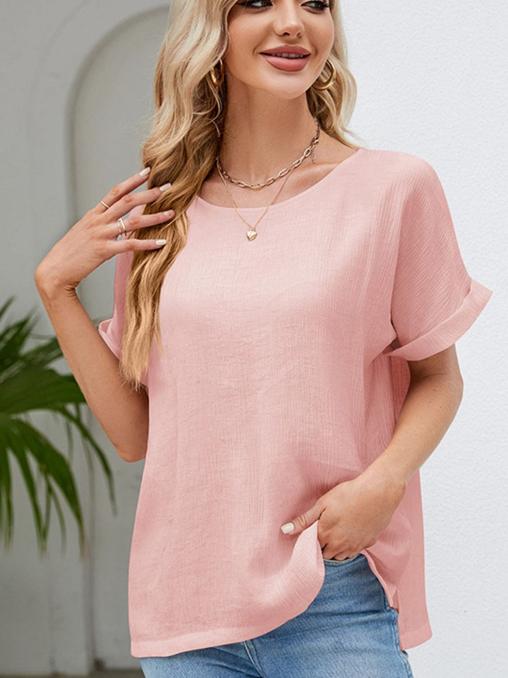 Round Neck Short Sleeve Blouse - Trendsi