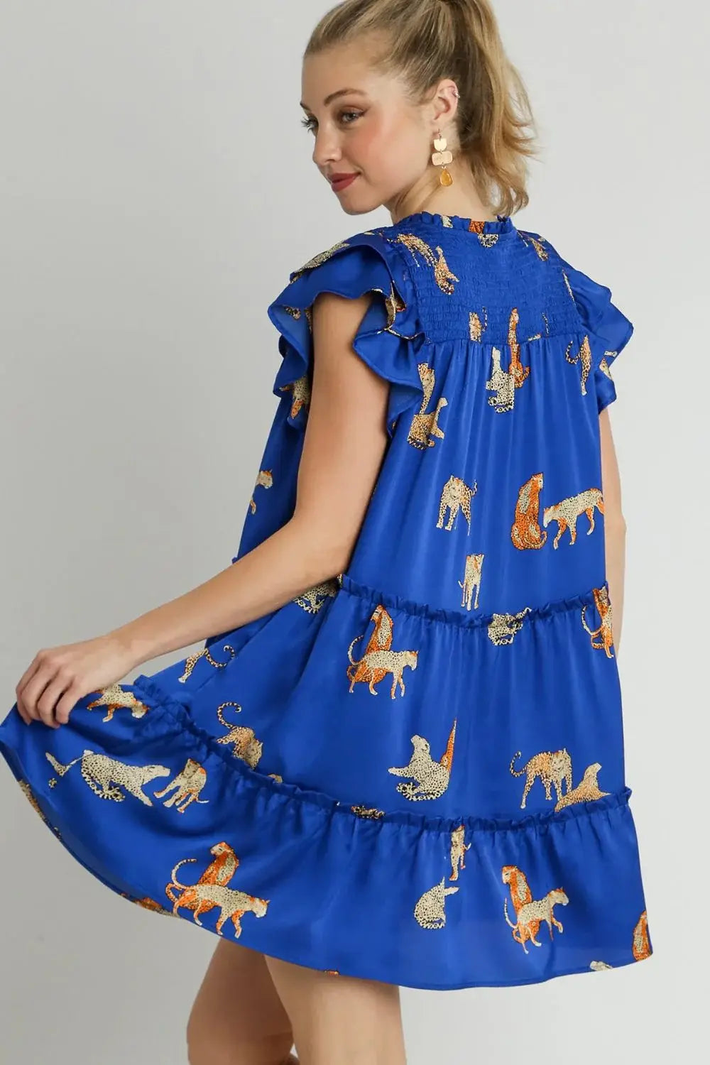 Umgee Full Size Cheetah Print Notched Ruffle Layered Cap Sleeve Mini Dress Plus Size - Trendsi - Flyclothing LLC