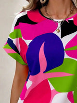 Contrast Round Neck Short Sleeve Blouse - Trendsi - Flyclothing LLC