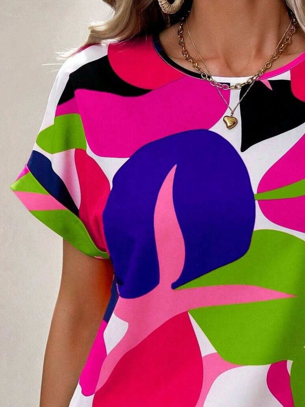 Contrast Round Neck Short Sleeve Blouse - Trendsi - Flyclothing LLC