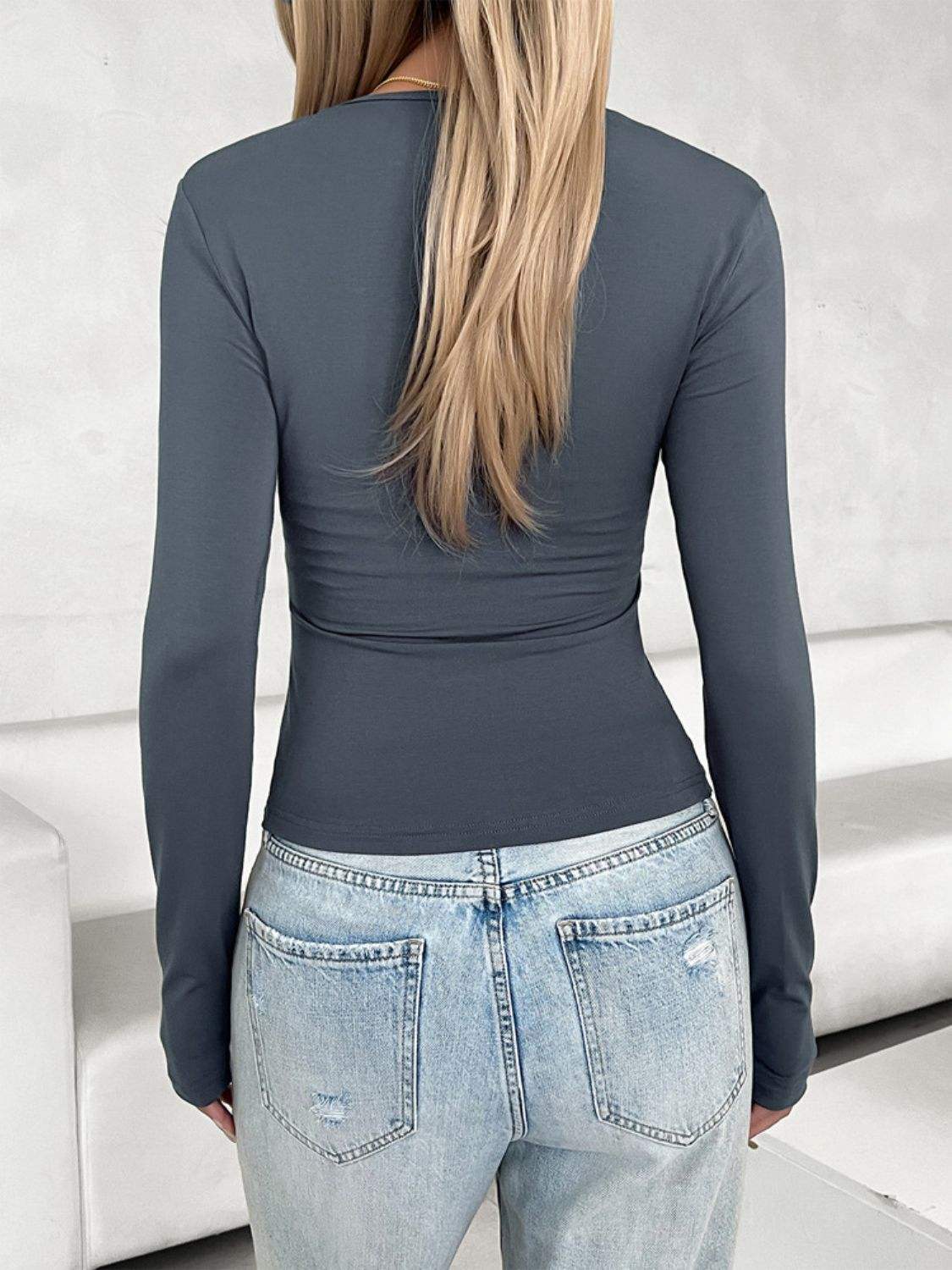 Notched Long Sleeve T-Shirt - Trendsi - Flyclothing LLC